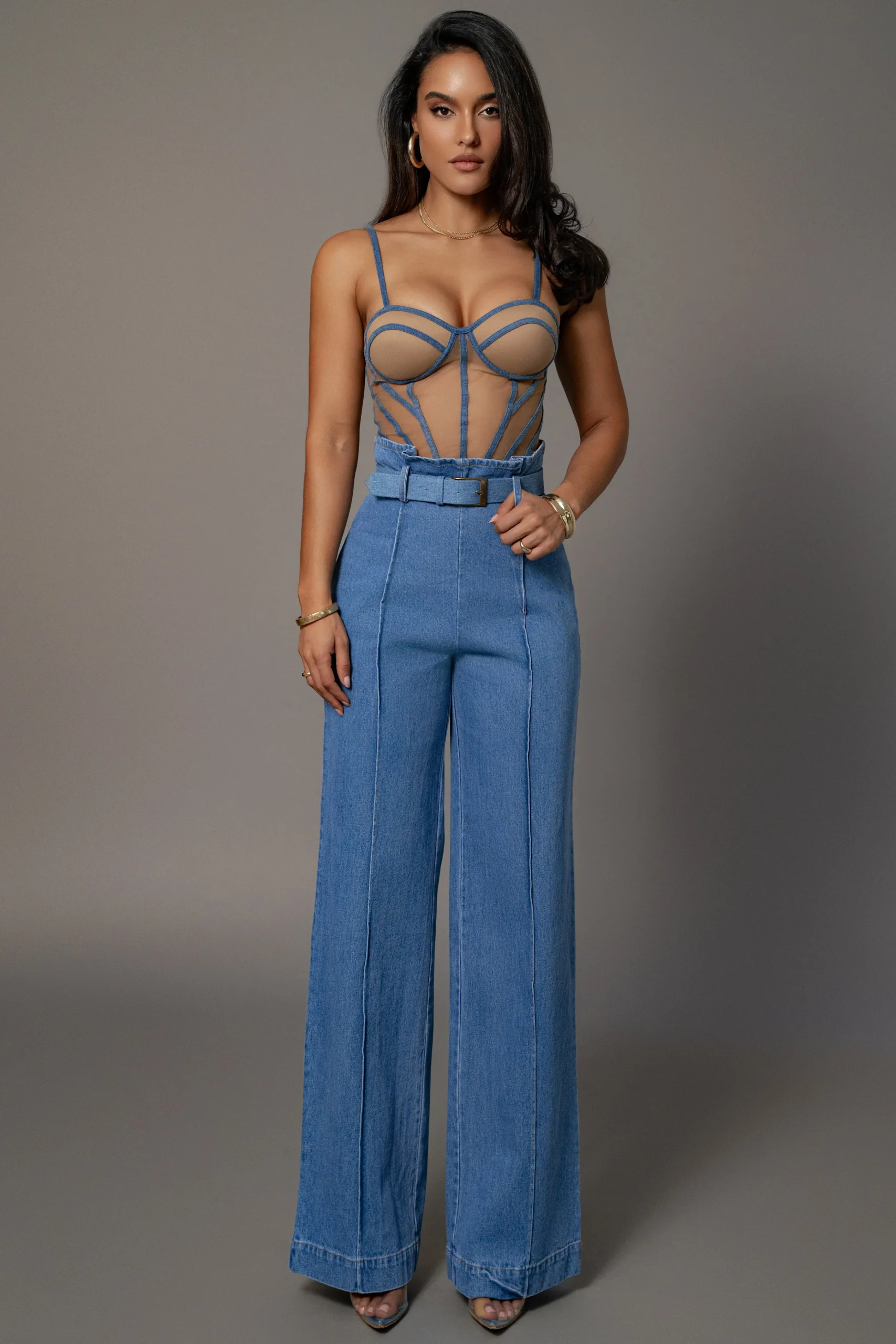 tan_denim_illusion_mesh_b_5.webp JLUXLABEL Tan Denim Illusion Mesh Bustier