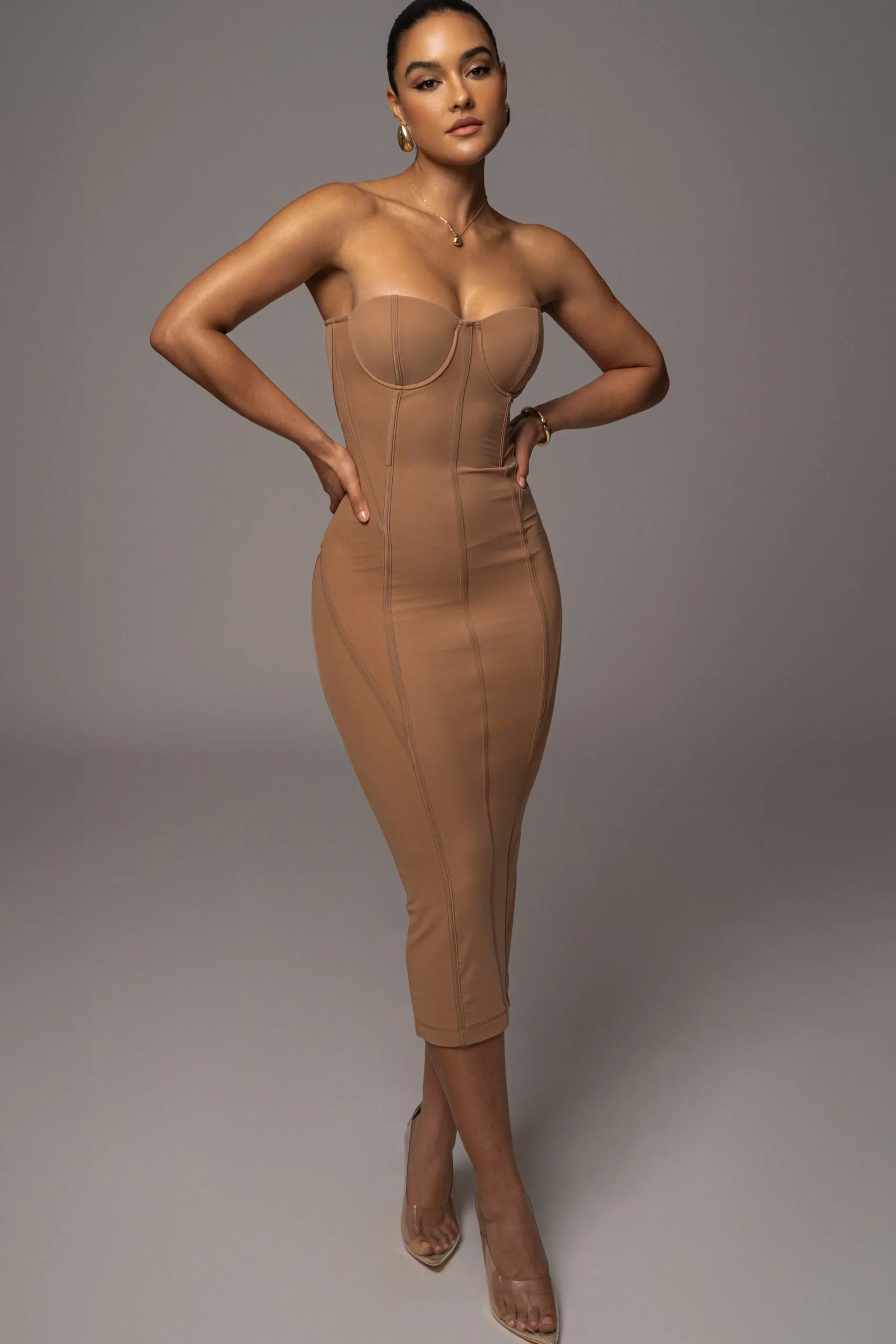 tan_escape_mesh_midi_dres_0.webp JLUXLABEL Tan Escape Mesh Midi Dress