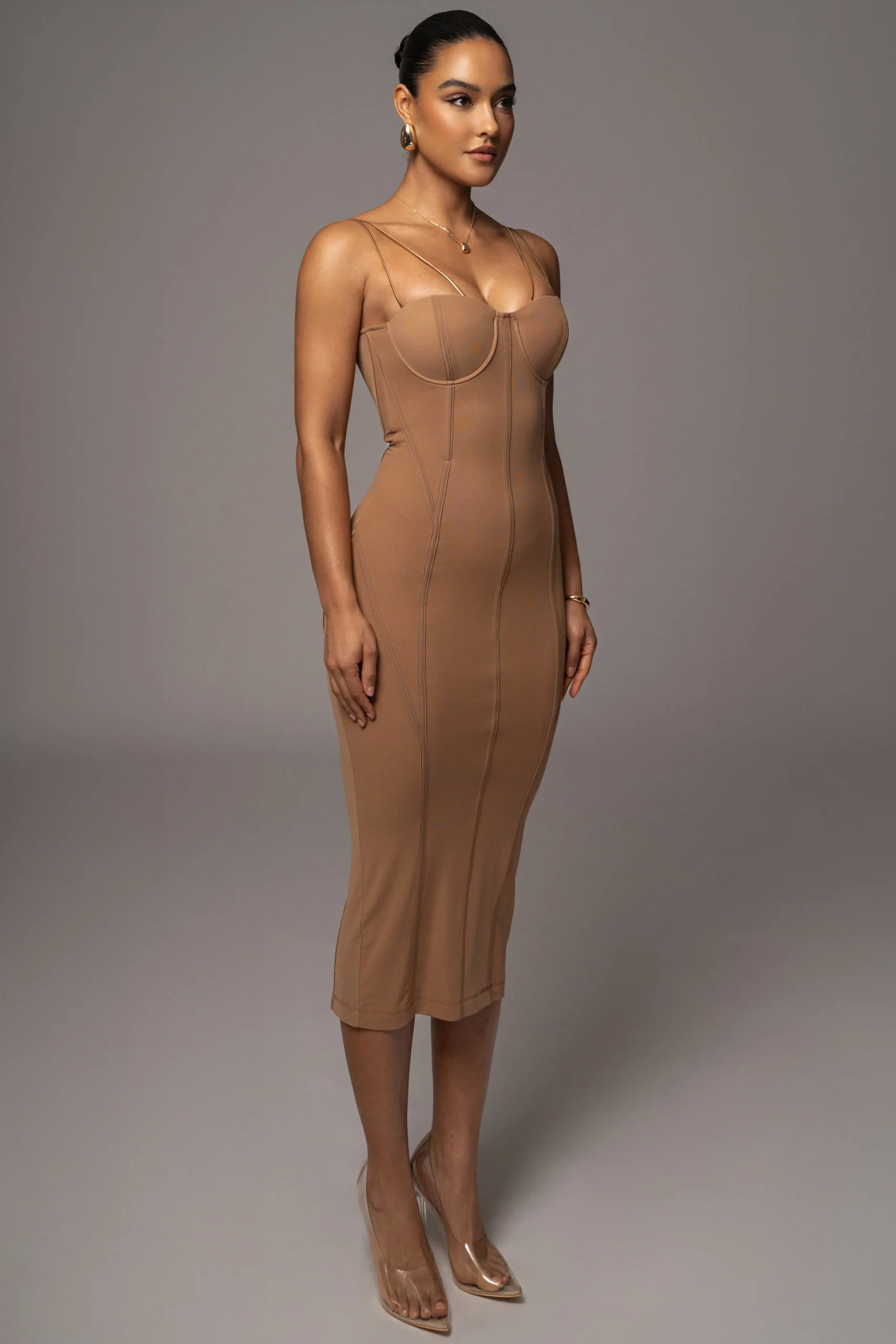 tan_escape_mesh_midi_dres_6.webp JLUXLABEL Tan Escape Mesh Midi Dress