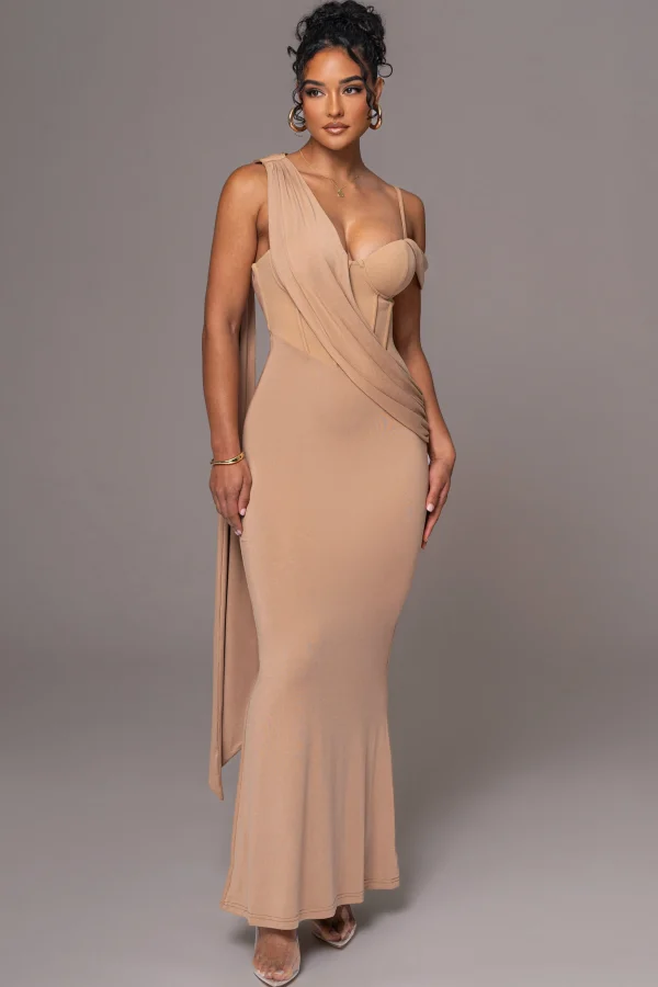 JLUXLABEL Taupe Grand Entrance Drape Dress