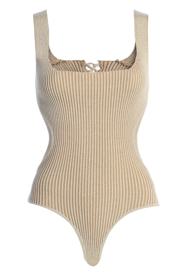 JLUXLABEL Taupe/White Deana Ribbed Bodysuit