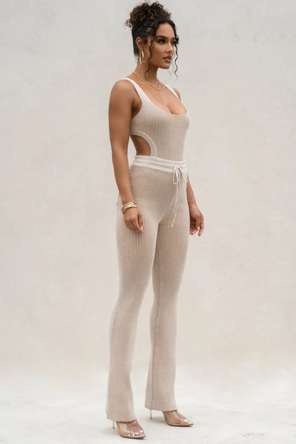 JLUXLABEL Taupe/White Faya Ribbed Pants