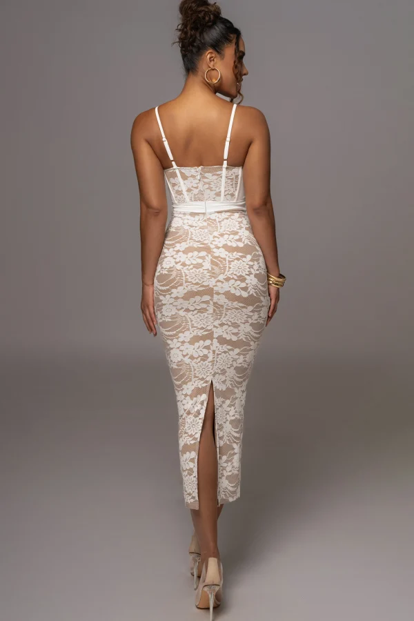 JLUXLABEL White Mesh and Lace Bustier Midi Dress